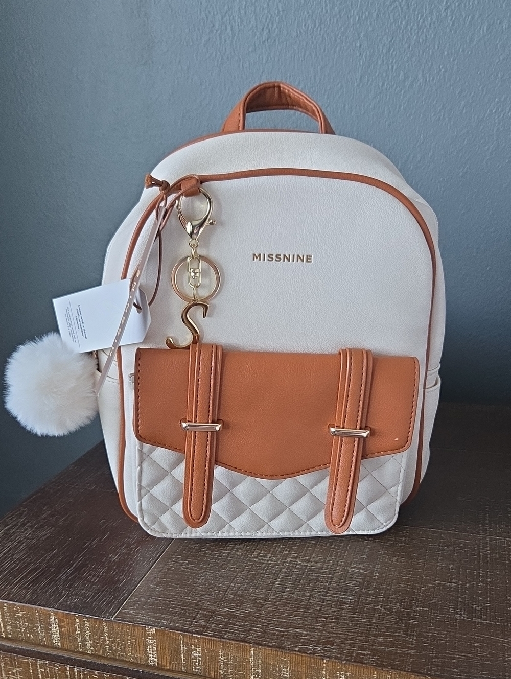 Missnine Cream & Tan Leather Mini Backpack Purse Tote Adjustable Straps, NWT